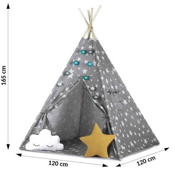 Cort de joaca pentru copii , cadru din lemn, forma de cort indian, 2 perne, un covor izolant gros, cu lumini, 120x120x165 cm, gri cu stele - 6- Roveli