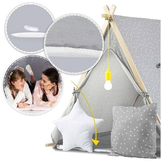 ​Cort de joaca pentru copii , cadru din lemn, forma de cort indian, 2 perne, un covor izolant gros, lampa Led, 116 x 107 x 110 cm, gri - 8- Roveli