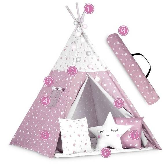 ​Cort de joaca pentru copii , cadru din lemn, forma de cort indian, 3 perne, un covor izolant gros, cu lumini, 120x120x165 cm, cu stele, roz - 8- Roveli