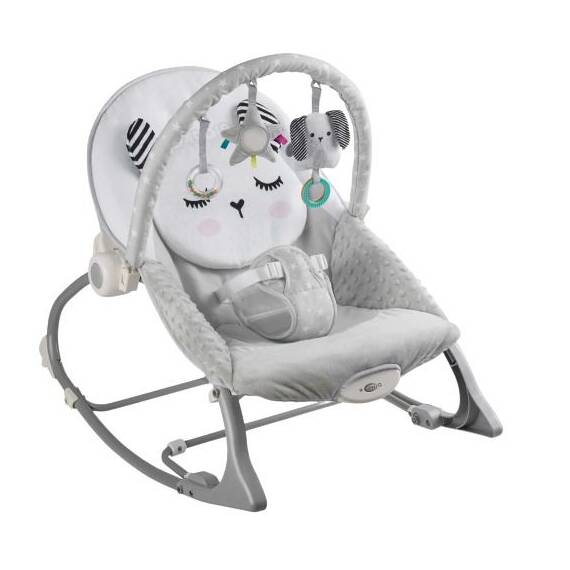 Balansoar multifunctional, cadru metalic, cu vibratii, centura de siguranta, reglabil spatarul, 0-18 kg, bara jucarii, foma de pisica, gri - - Roveli