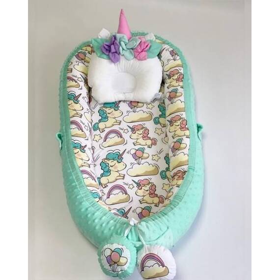 Babynest DacEnergy©, umplut cu bilute din microfibra, tesatura din material moale si pufos, multifunctionala, 90 x 50 x 20 cm, model unicorn - 2- Roveli