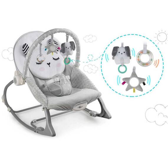 Balansoar multifunctional, cadru metalic, cu vibratii, centura de siguranta, reglabil spatarul, 0-18 kg, bara jucarii, foma de pisica, gri - 2- Roveli