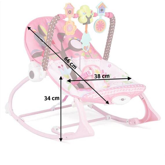 Balansoar multifunctional, cadru metalic, cu vibratii, centura de siguranta, reglabil spatarul, 0-18 kg, bara jucarii, husa detasabila, roz - 2- Roveli