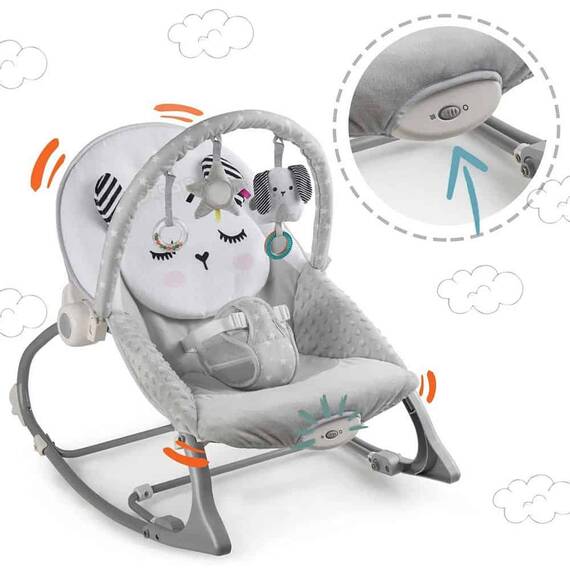 Balansoar multifunctional, cadru metalic, cu vibratii, centura de siguranta, reglabil spatarul, 0-18 kg, bara jucarii, foma de pisica, gri - 3- Roveli