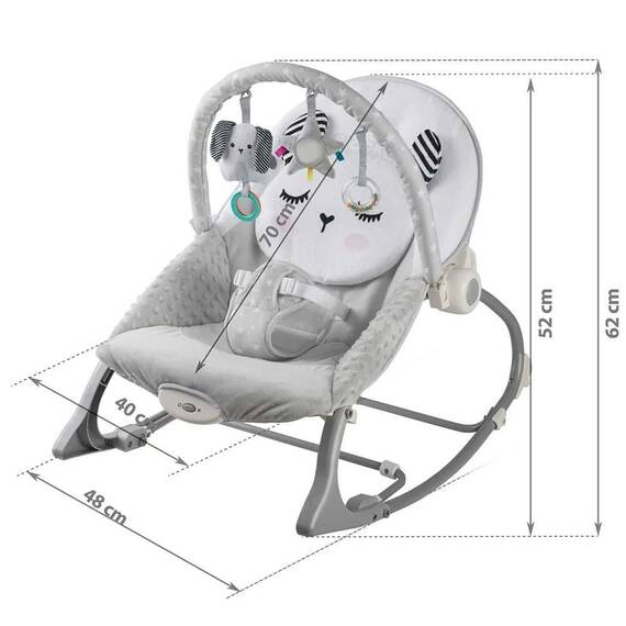 Balansoar multifunctional, cadru metalic, cu vibratii, centura de siguranta, reglabil spatarul, 0-18 kg, bara jucarii, foma de pisica, gri - 4- Roveli