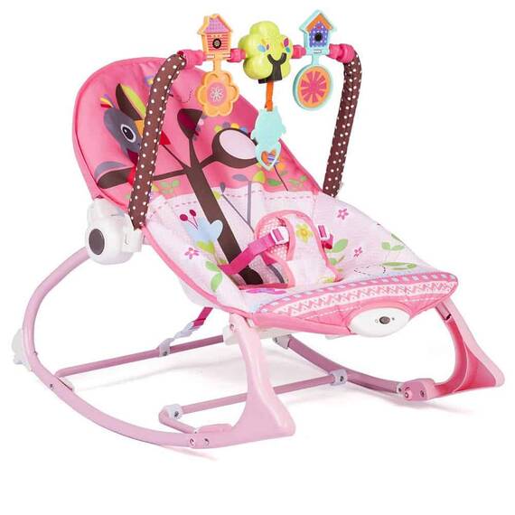 Balansoar multifunctional, cadru metalic, cu vibratii, centura de siguranta, reglabil spatarul, 0-18 kg, bara jucarii, husa detasabila, roz - 4- Roveli