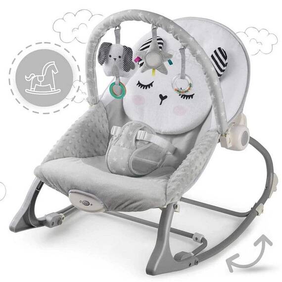 Balansoar multifunctional, cadru metalic, cu vibratii, centura de siguranta, reglabil spatarul, 0-18 kg, bara jucarii, foma de pisica, gri - 5- Roveli