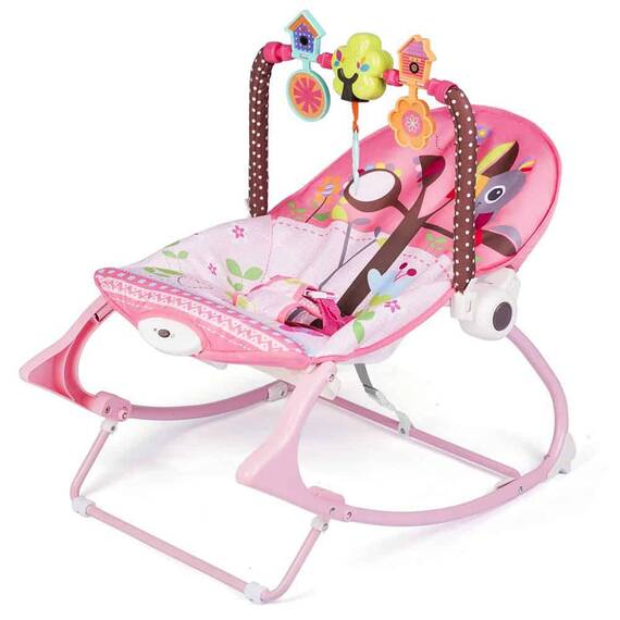 Balansoar multifunctional, cadru metalic, cu vibratii, centura de siguranta, reglabil spatarul, 0-18 kg, bara jucarii, husa detasabila, roz - 5- Roveli
