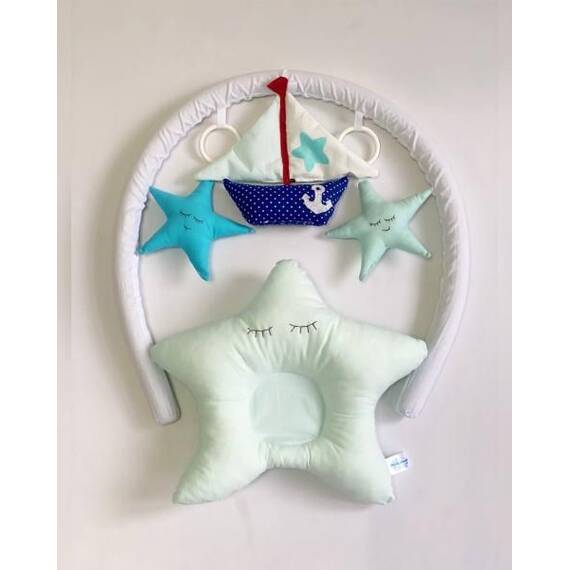 Babynest DacEnergy©, umplut cu bilute din microfibra, bumbac, design unic, arcada cu jucarii, pernuta in forma de stea, 90x 50 x 20 cm, albastru - 6- Roveli