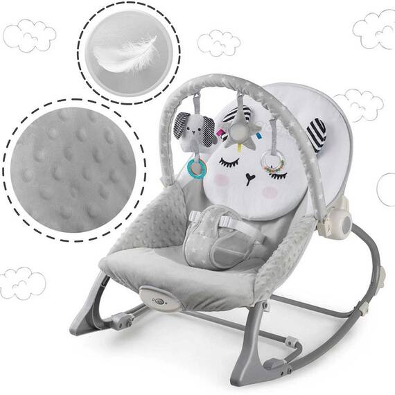 Balansoar multifunctional, cadru metalic, cu vibratii, centura de siguranta, reglabil spatarul, 0-18 kg, bara jucarii, foma de pisica, gri - 6- Roveli