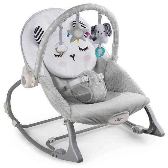 Balansoar multifunctional, cadru metalic, cu vibratii, centura de siguranta, reglabil spatarul, 0-18 kg, bara jucarii, foma de pisica, gri - 7- Roveli