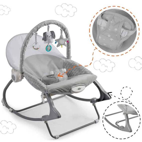 Balansoar multifunctional, cadru metalic, cu vibratii, centura de siguranta, reglabil spatarul, 0-18 kg, bara jucarii, foma de pisica, gri - 9- Roveli