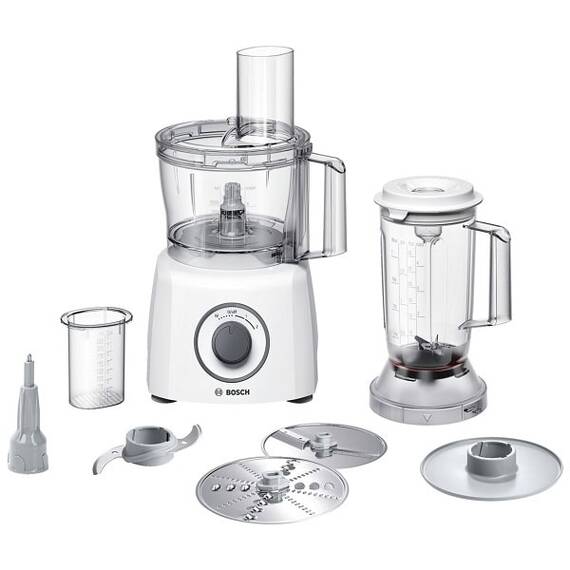 Robot de bucatarie Bosch,  800 W, 2 viteze, vas mixare 2.3 l, blender 1 l, blender cu cutit MultiLevel 6, multiple functii, 220 – 240 V, alb - - Roveli