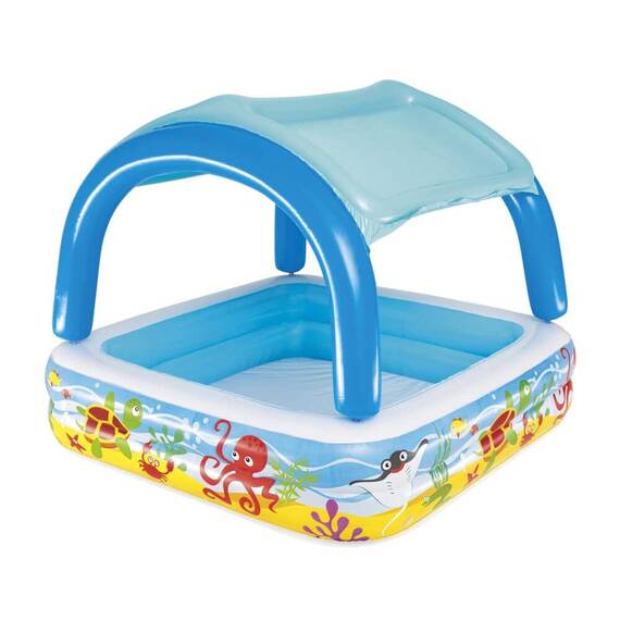 Piscina pentru copii Bestway, gonflabila, confectionata din PVC, cu 2 inele gonflabile, cu protectie solara, 140 x 140 x 114 cm, 265 litri - - Roveli