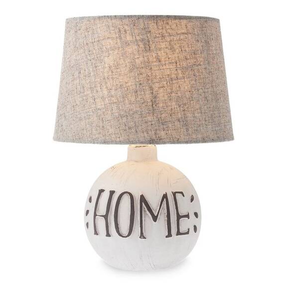 Veioza, din ceramica smaltuita si abajur textil, design modern, 28 W, mesaj HOME, 27 cm, alb si bej - - Roveli