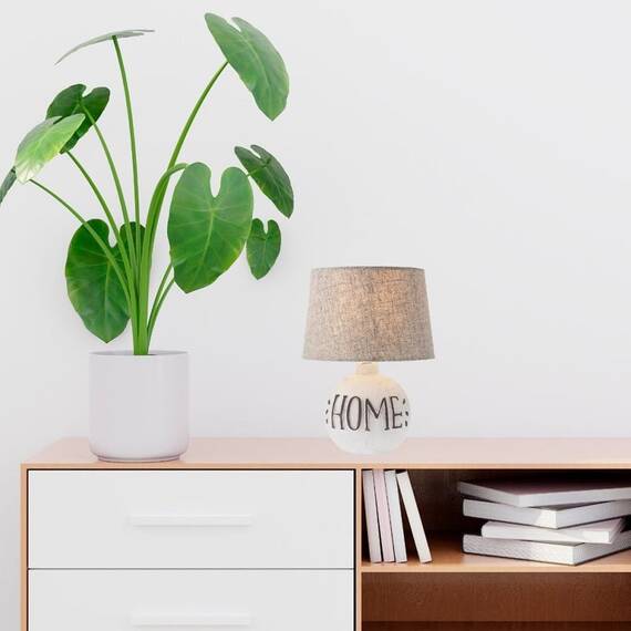 Veioza, din ceramica smaltuita si abajur textil, design modern, 28 W, mesaj HOME, 27 cm, alb si bej - 2- Roveli