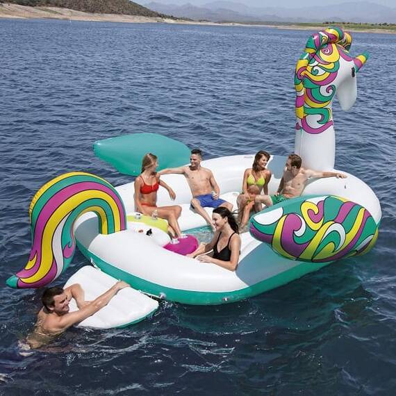 Saltea gonflabila, pentru plaja, confectionata din vinil, 6 persoane, forma de unicorn, 590 x 404 cm, multicolor - 4- Roveli