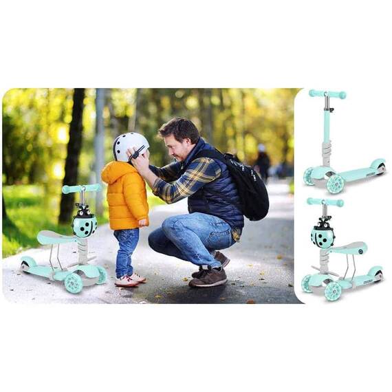 ​Trotineta pentru copii 3in1, constructie moderna si sigur, cos in forma de gargarita, detasabil, iluminare LED colorata a rotilor din fata, menta - 6- Roveli