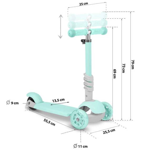 ​Trotineta pentru copii 3in1, constructie moderna si sigur, cos in forma de gargarita, detasabil, iluminare LED colorata a rotilor din fata, menta - 7- Roveli