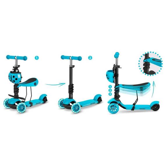Trotineta pentru copii 3in1, constructie moderna si sigur, cos in forma de gargarita, detasabil, iluminare LED colorata a rotilor din fata, turcoaz - 6- Roveli