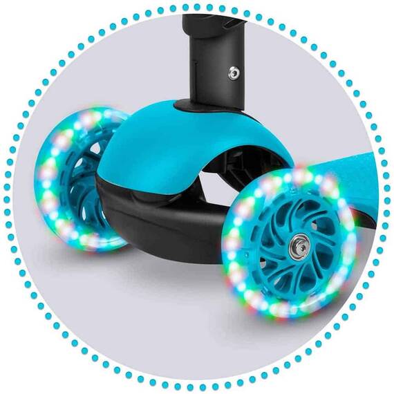 Trotineta pentru copii 3in1, constructie moderna si sigur, cos in forma de gargarita, detasabil, iluminare LED colorata a rotilor din fata, turcoaz - 9- Roveli
