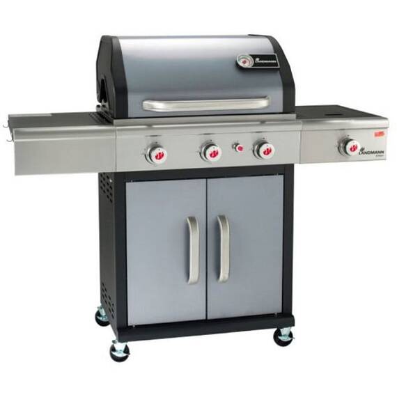 ​Gratar pe gaz, din otel inoxidabil, grill-ul din fonta emailata, 3 arzatoare si unul lateral, 12,5 kW, termometru incorporat in capac, piezo, suprafata de gatit 65x44 cm, gri - - Roveli
