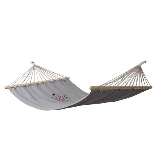 ​Hamac cu bare din lemn DacEnergy©, fabricat din bumbac si poliester, o persoana, model flamingo, 200 x 150 cm, gri - - Roveli