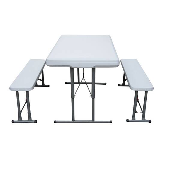 ​Set masa plianta cu 2 banci pentru gradina DacEnergy©, structura robusta, din teava din otel, blat din HDPE, dreptunghiulara, 113 x 68 x 72 cm, alb - - Roveli