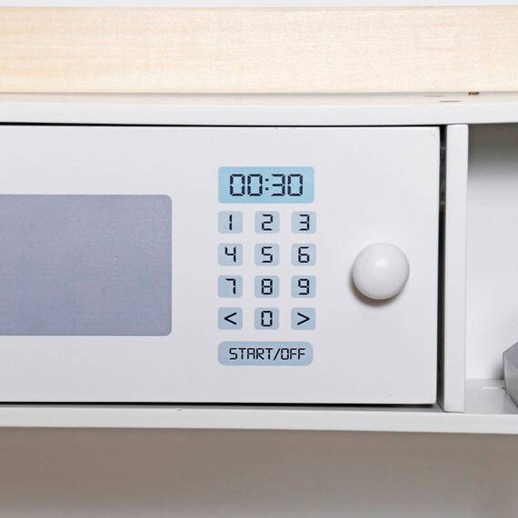 Set bucatarie copii DacEnergy©, realizata din MDF si lemn, oala, tigaie, 3 ustensile de bucatarie, electrocasnice, 60 x30 x84.5 cm, alb mat si natur - 5- Roveli