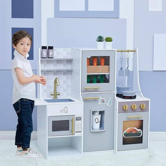 Set bucatarie copii DacEnergy©, realizata din MDF, cu sistem de crestere in gradina, 19 accesorii interactive, 90,2 x31,8 x79,4 cm, gri - 6- Roveli