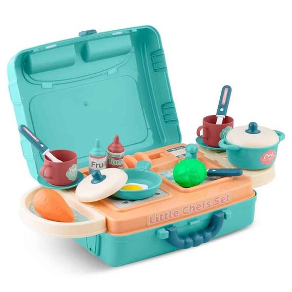 Bucatarie interactiva pentru copii, realizata din plastic, tip valiza, dotata cu arzatoare, numeroase accesorii, 42 x 20,5 x 54,5 cm, albastra - 7- Roveli