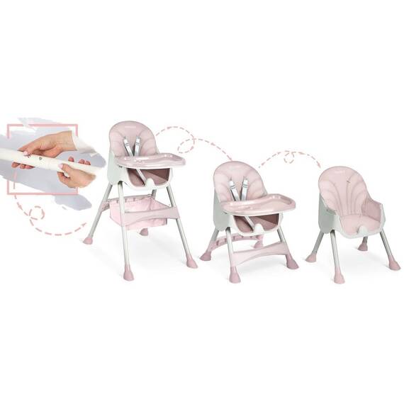 Scaun de masa bebe, 3in1, centura de siguranta in 5 puncte, picioare antiderapante, tava detasabila, pliabil, cos depozitare, roz - 11- Roveli