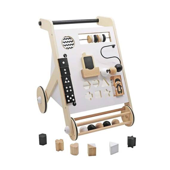 Premergator pentru copii DacEnergy©, din lemn, cu activitati diverse, oglinda, telefon din lemn, forme, cifre, 50x 35x 44 cm, alb si negru - 2- Roveli