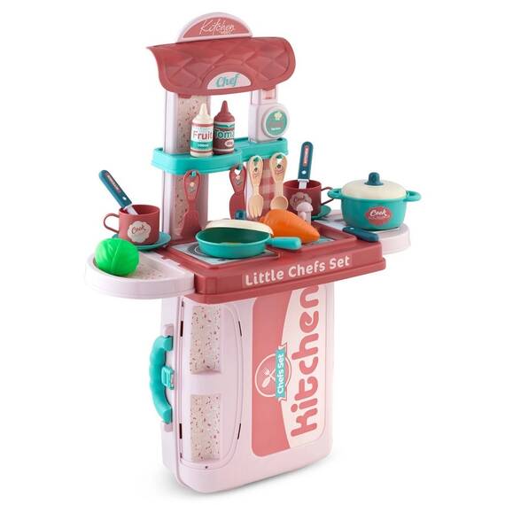 Bucatarie interactiva pentru copii , realizata din plastic, tip valiza, cu arzator, tacamuri, vesela, oale, legume, 42 x 20,5 x 54,5 cm, roz - 5- Roveli