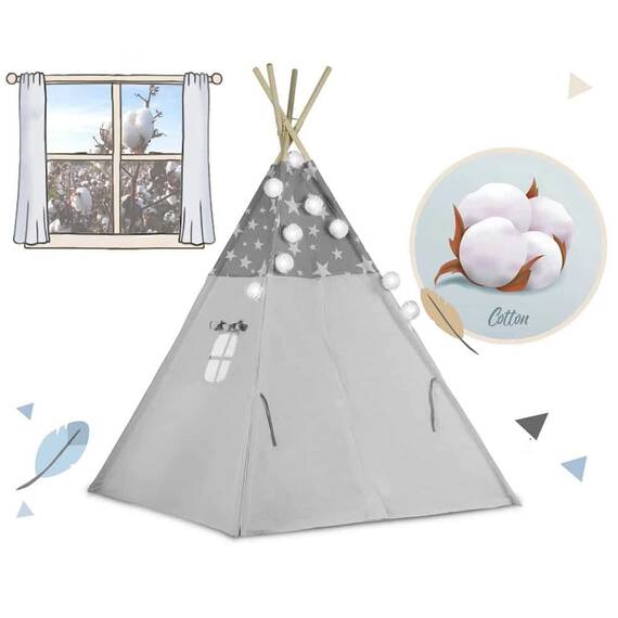 Cort de joaca pentru copii , cadru din lemn, forma de cort indian, 3 perne, un covor izolant gros, cu lumini, cu ghirlande, 120x120x165 cm, gri cu stelute - 5- Roveli