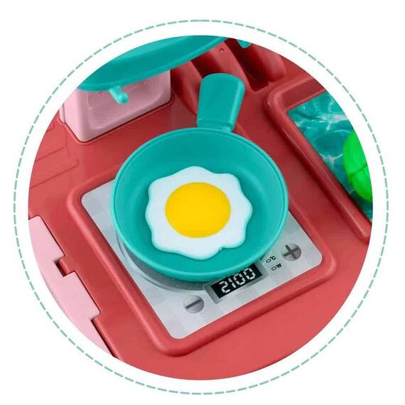 Bucatarie interactiva pentru copii , realizata din plastic, tip valiza, cu arzator, tacamuri, vesela, oale, legume, 42 x 20,5 x 54,5 cm, roz - 6- Roveli