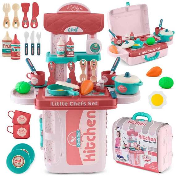 Bucatarie interactiva pentru copii , realizata din plastic, tip valiza, cu arzator, tacamuri, vesela, oale, legume, 42 x 20,5 x 54,5 cm, roz - 7- Roveli