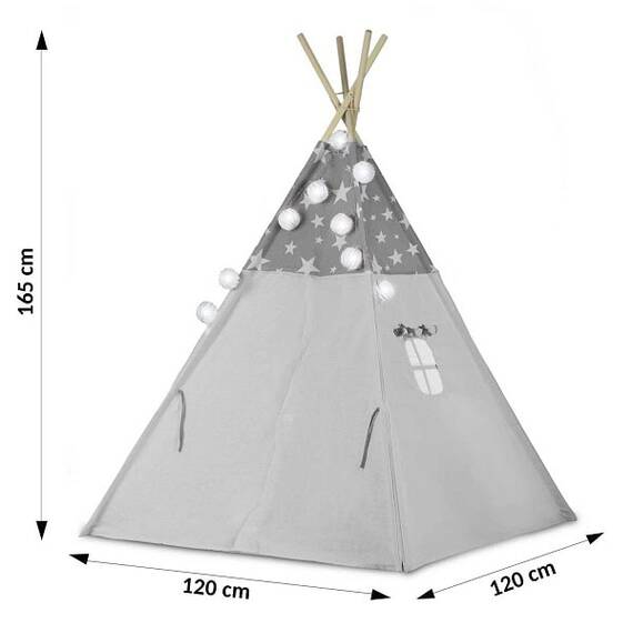 Cort de joaca pentru copii , cadru din lemn, forma de cort indian, 3 perne, un covor izolant gros, cu lumini, cu ghirlande, 120x120x165 cm, gri cu stelute - 7- Roveli