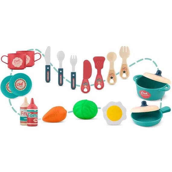 Bucatarie interactiva pentru copii , realizata din plastic, tip valiza, cu arzator, tacamuri, vesela, oale, legume, 42 x 20,5 x 54,5 cm, roz - 8- Roveli