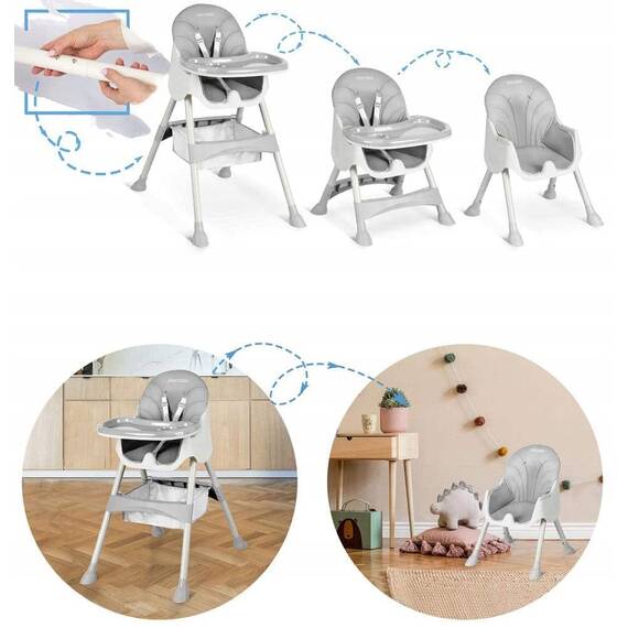 Scaun de masa bebe, 3in1, centura de siguranta in 5 puncte, picioare antiderapante, tava detasabila, pliabil, cos depozitare, gri - 8- Roveli
