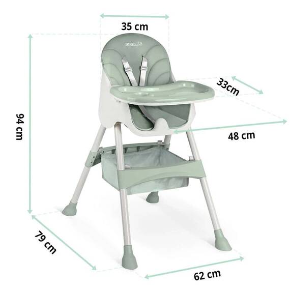 Scaun de masa bebe, 3in1, centura de siguranta in 5 puncte, picioare antiderapante, tava detasabila, pliabil, cos depozitare, verde - 8- Roveli