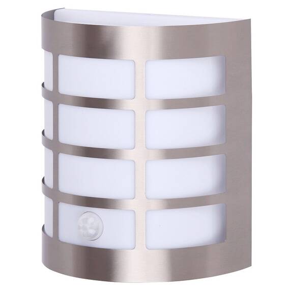 Aplica pentru exterior Rabalux, structura metalica, dispersor din plastic, cu senzor de miscare, dulie E27, 11W, IP44, crom si alb - - Roveli