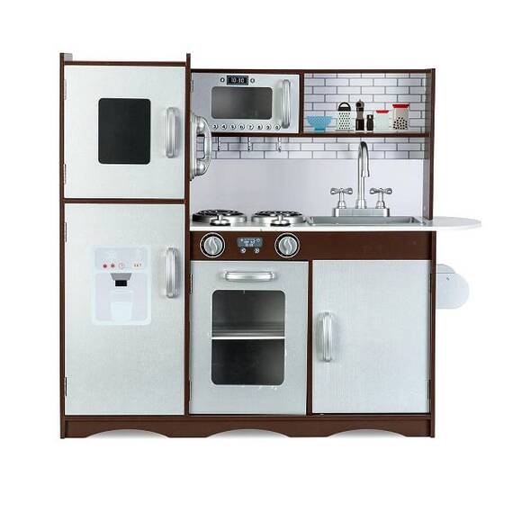 Set bucatarie copii, realizata din lemn si placa mdf, frigider cu tabla de scris, congelator, cuptor cu microune, telefon, aragaz si cuptor, chiuveta, 92 x 82,5 x 30 cm, gri si maro - - Roveli