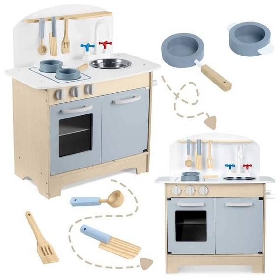 Set bucatarie copii, din lemn, cu oala, tigaie, lingura, spatula si cutit, natur si gri, 48,5 x 28 x 70 cm - 3- Roveli
