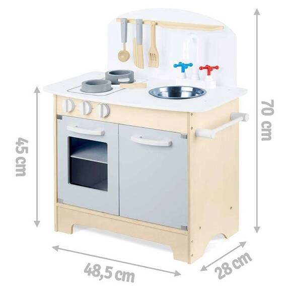 Set bucatarie copii, din lemn, cu oala, tigaie, lingura, spatula si cutit, natur si gri, 48,5 x 28 x 70 cm - 4- Roveli