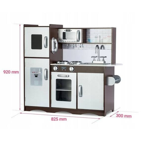 Set bucatarie copii, realizata din lemn si placa mdf, frigider cu tabla de scris, congelator, cuptor cu microune, telefon, aragaz si cuptor, chiuveta, 92 x 82,5 x 30 cm, gri si maro - 3- Roveli