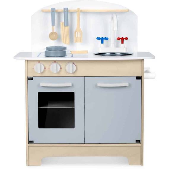 Set bucatarie copii, din lemn, cu oala, tigaie, lingura, spatula si cutit, natur si gri, 48,5 x 28 x 70 cm - - Roveli