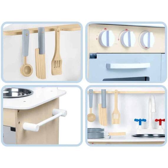 Set bucatarie copii, din lemn, cu oala, tigaie, lingura, spatula si cutit, natur si gri, 48,5 x 28 x 70 cm - 5- Roveli