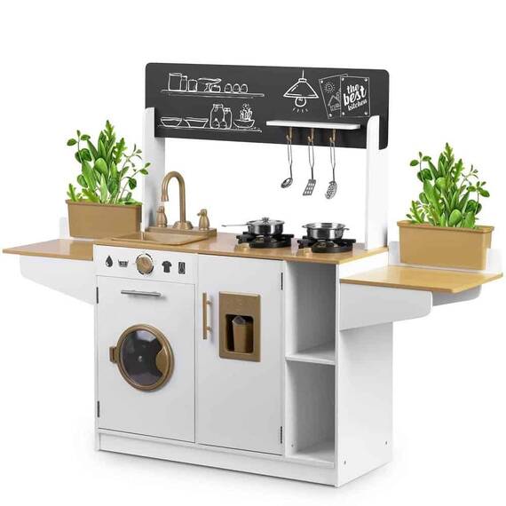 Set bucatarie copii , realizata din lemn si placa mdf, dotata cu accesorii de bucatarie, polonic, spatula, spumiera, cratita, oala, 70x29,5x98 cm, alb si crem - 5- Roveli