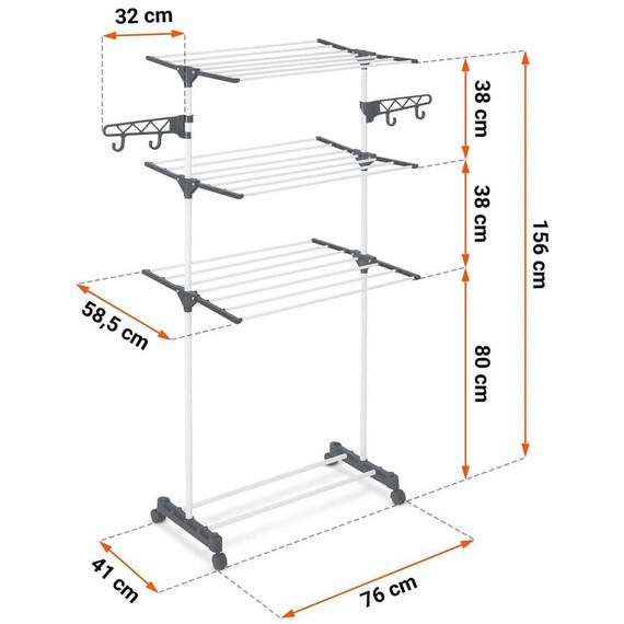 Uscator de rufe vertical DacEnergy©, pliabil, constructie metalica solida, 3 nivele, 6 aripi, 15 m, alb - 7- Roveli